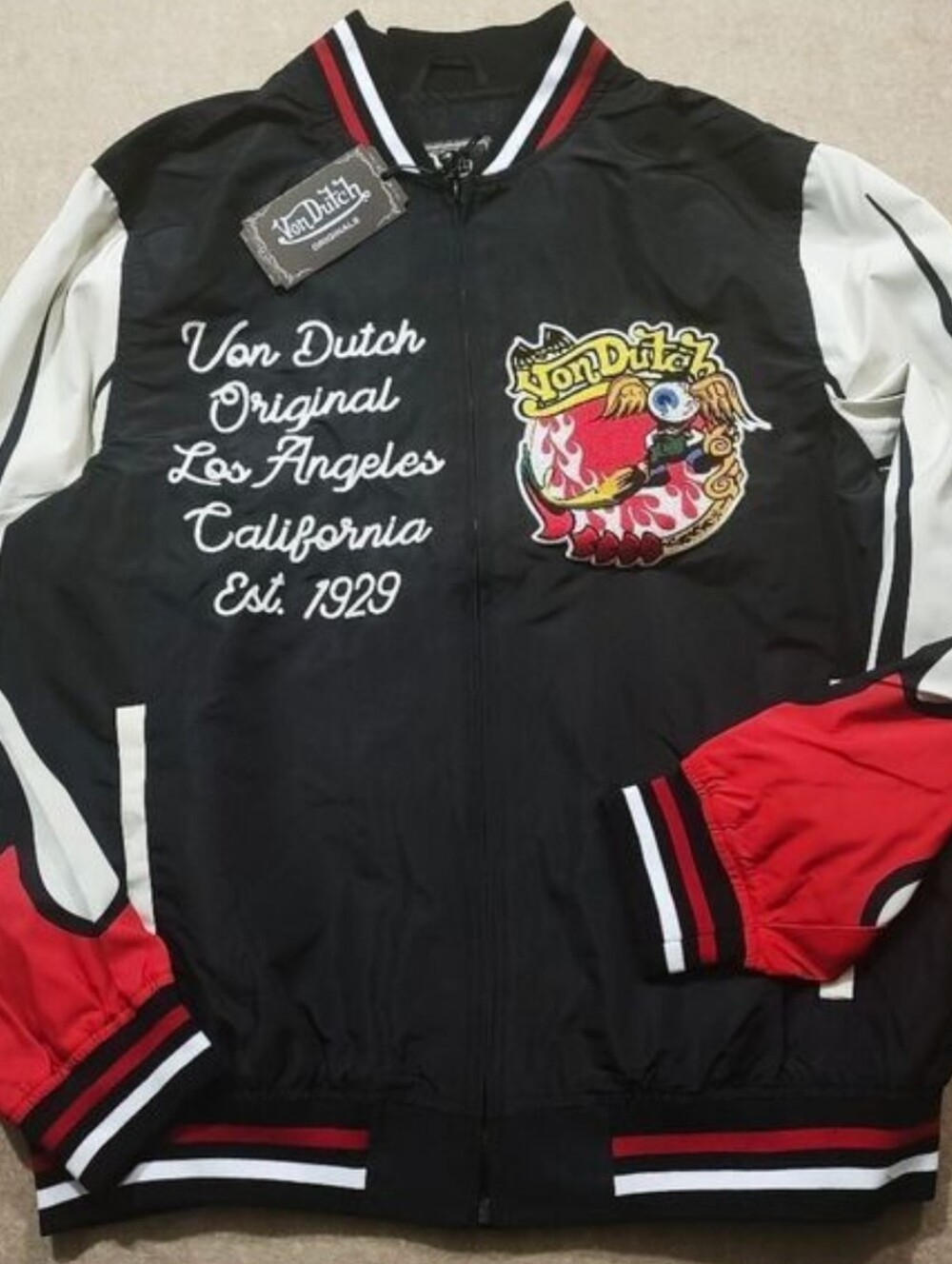 Von Dutch Black, Red & White Varsity-Style Bomber Long Sleeve Jacket #G